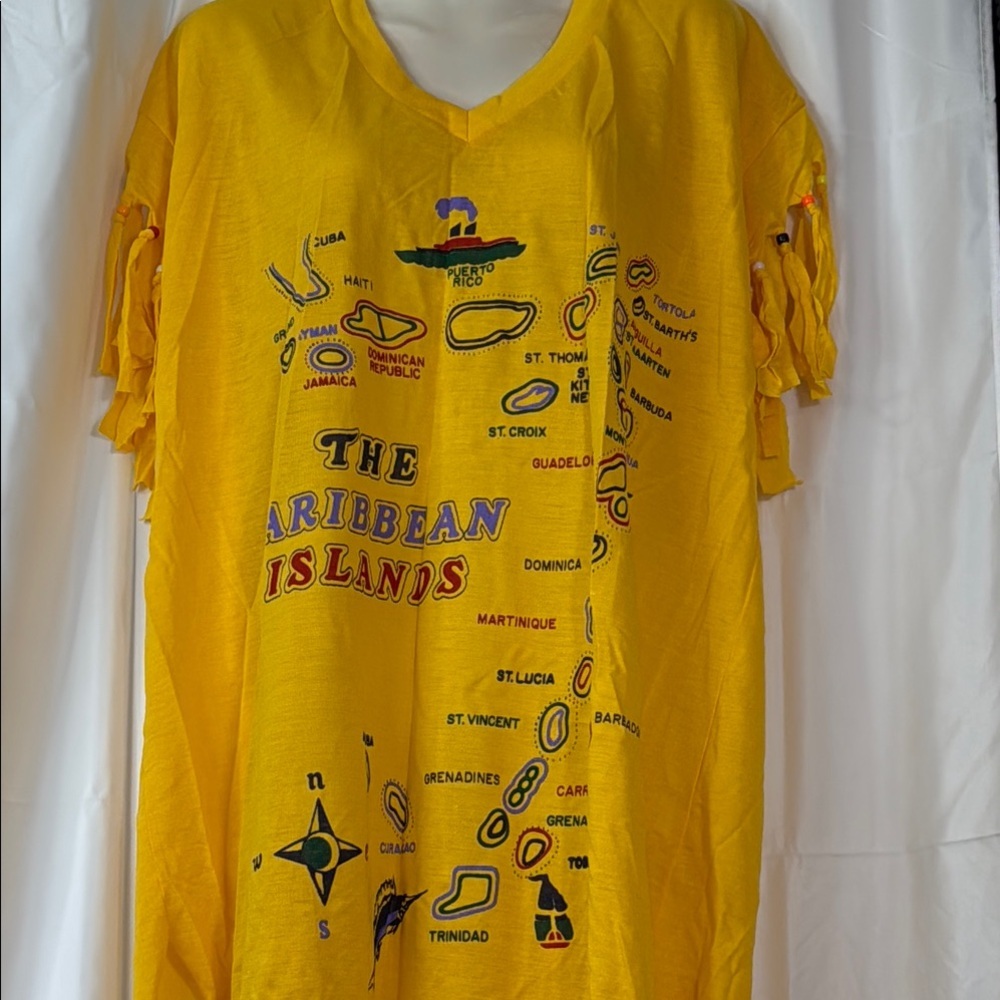 Caribbean Yellow Fringe Dress with Island Graphics - Picture 3 of 9
